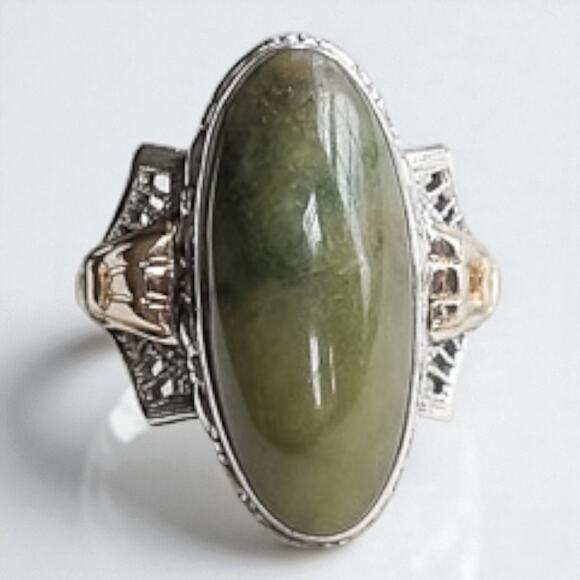 Vintage 925 Silver Nephrite Jade Ring Gold Fill Accent Size 7.5 Oval Stone - Picture 6 of 10